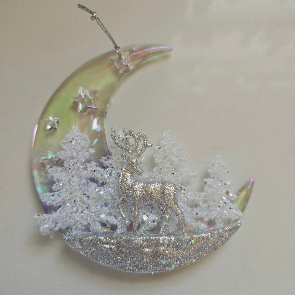 New Kurt Adler Iridescent Crescent Moon Reindeer Ornament Silver Glitter Starry